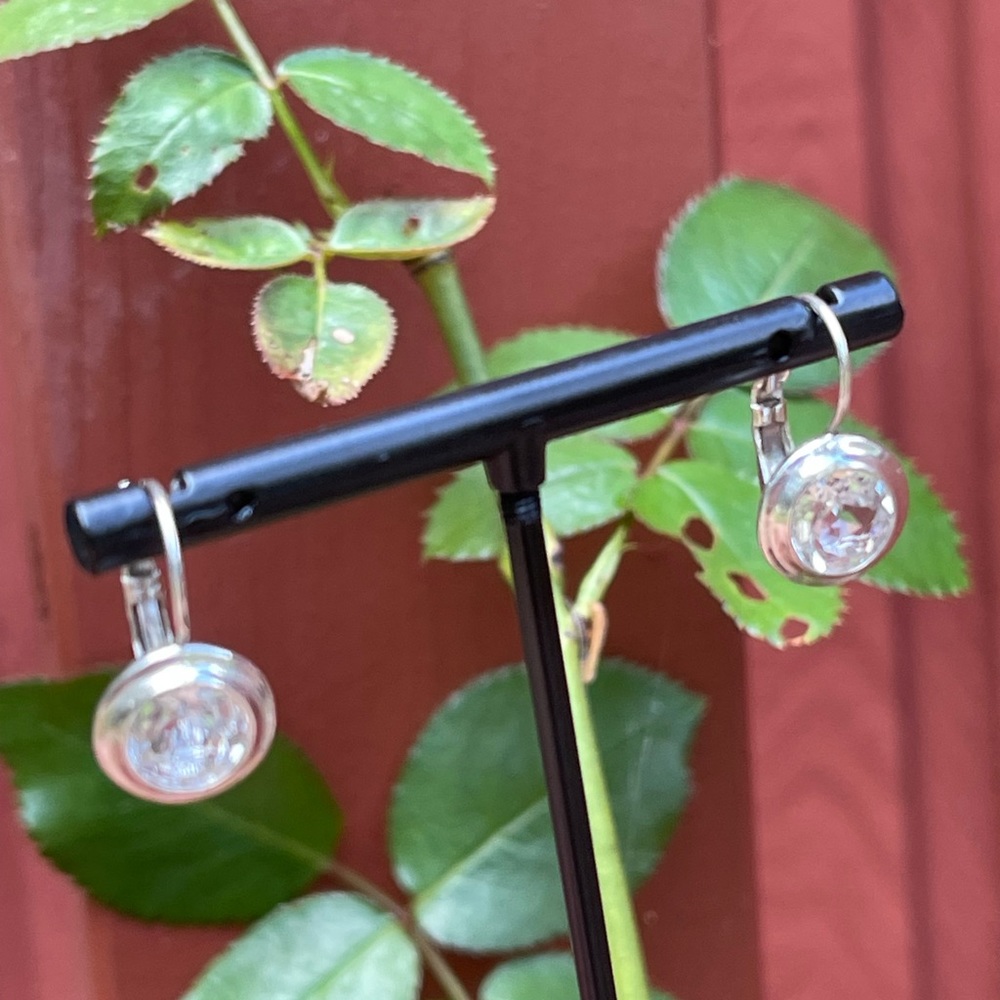 Solid Sterling Silver (.925) and Bezel Set Crystal Leverback Earrings